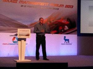 Internationally renowned F1 business expert, Mark Gallagher, speaking at the Novo Nordisk 2013 BAAGI meeting on Yas Island. April 2013